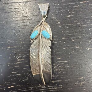 Running Bear RB 925 Sterling Silver Kingman Turquoise Feather Pendant Navajo